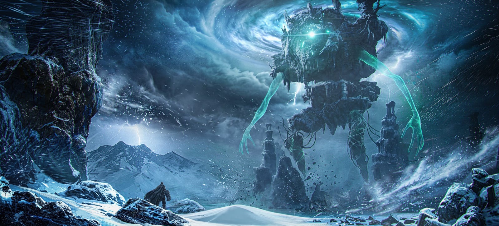 Vegamor atravessa a tempestade de Nix — um fragmento que virou montanha andante