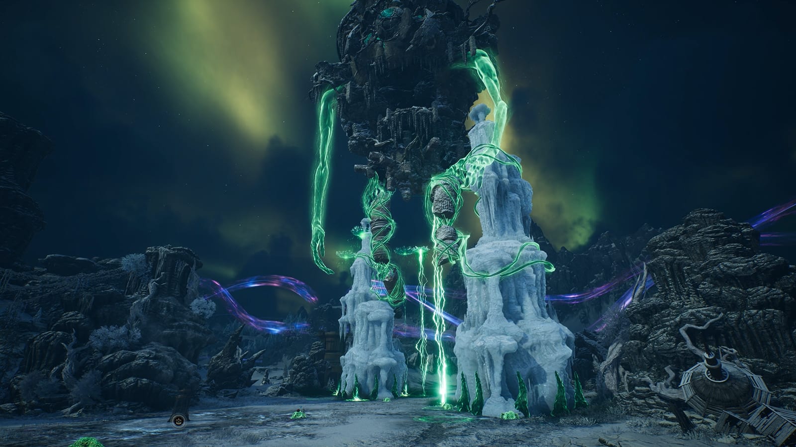 Os braços de energia do Colossus descarregam sobre as colunas de gelo