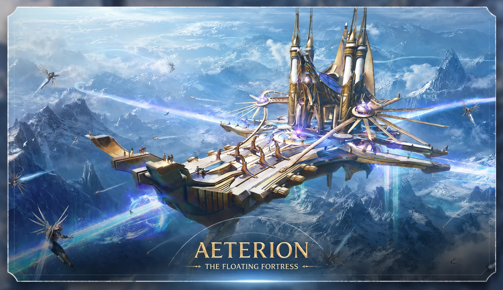 Aeterion — The Floating Fortress. Fortaleza voadora dourada que cruza os céus de Nix. Vetor natural de Trajetéreo e Via Auroral.