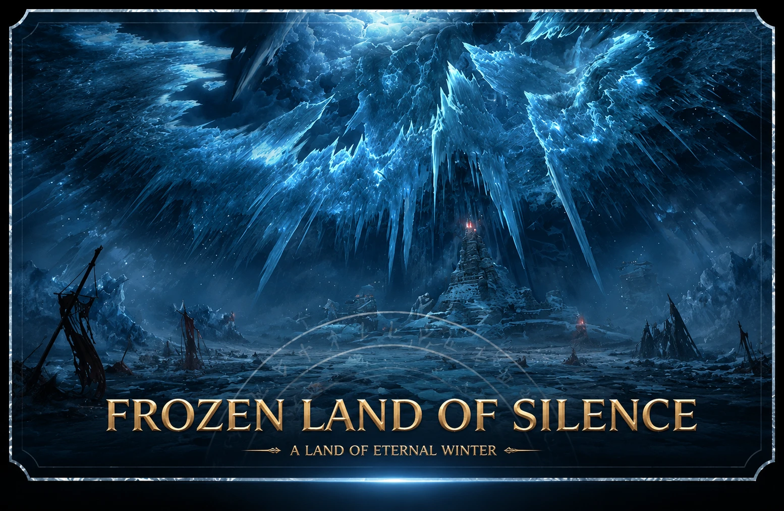 Frozen Land of Silence — A Land of Eternal Winter. Catedral de gelo erguida sobre um campo de bandeiras quebradas. O lugar onde Nix calou — e onde a Resistência começa a reagir.
