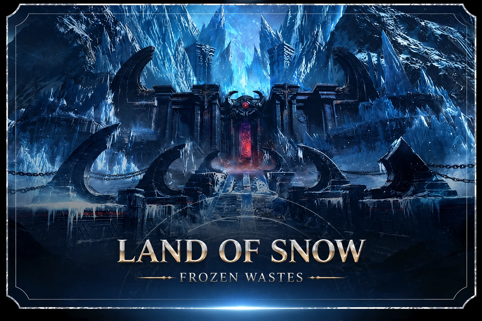 Land of Snow — Frozen Wastes. Portão escuro de chifres curvos com portal vermelho — entrada para o Marak e as fendas espaço-temporais.