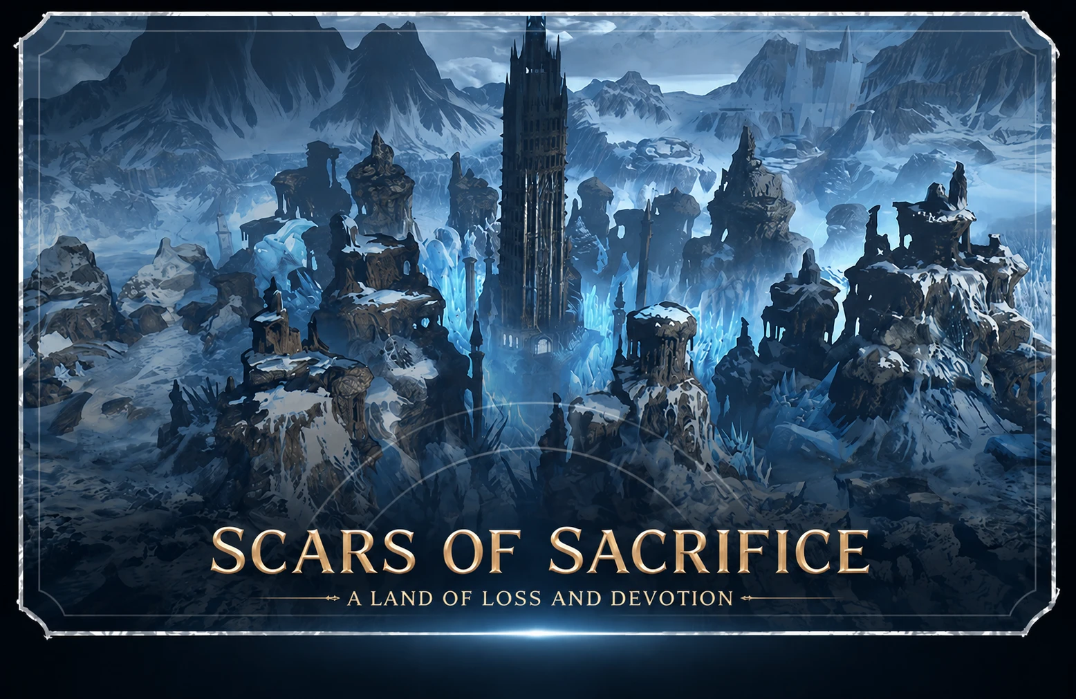 Scars of Sacrifice — A Land of Loss and Devotion. Torre central rodeada de espinhos congelados, palco do luto e da fé que sustenta a Resistência.