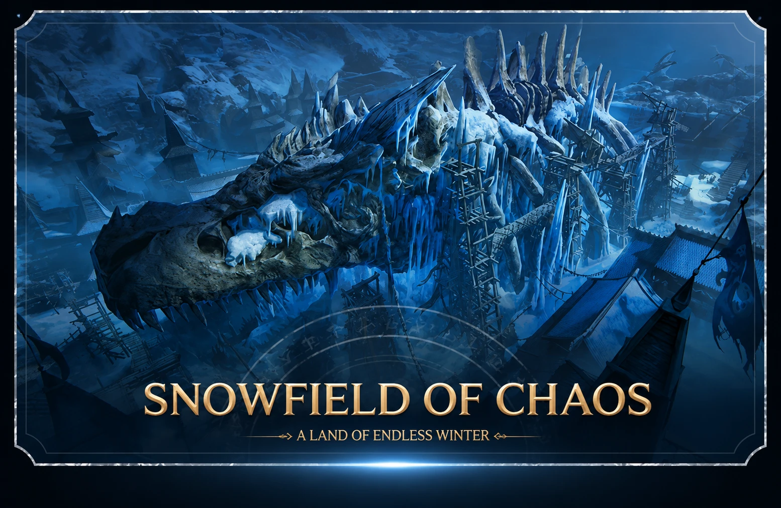 Snowfield of Chaos — A Land of Endless Winter. Caveira draconiana encrustada no gelo eterno. Forte candidato a arena de Arch Boss e cenário do Cavaleiro do Dragão Ramux.