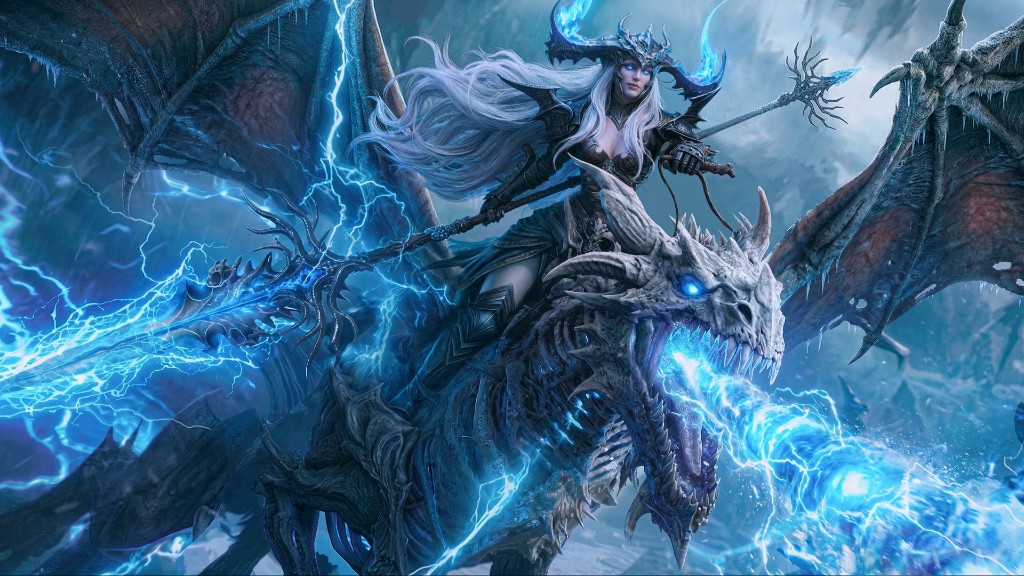 Cavaleira da geada e dragão esquelético — arte conceitual da expansão NIX